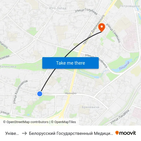 Універсам to Белорусский Государственный Медицинский Университет map