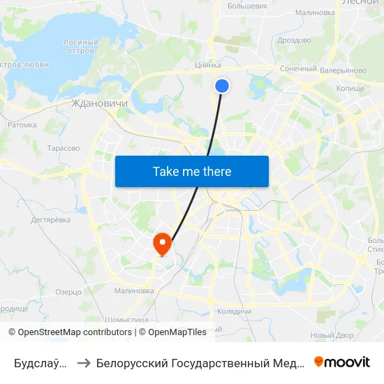 Будслаўская, 19 to Белорусский Государственный Медицинский Университет map
