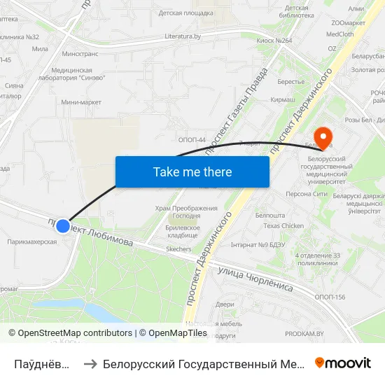 Паўднёвы Захад-2 to Белорусский Государственный Медицинский Университет map