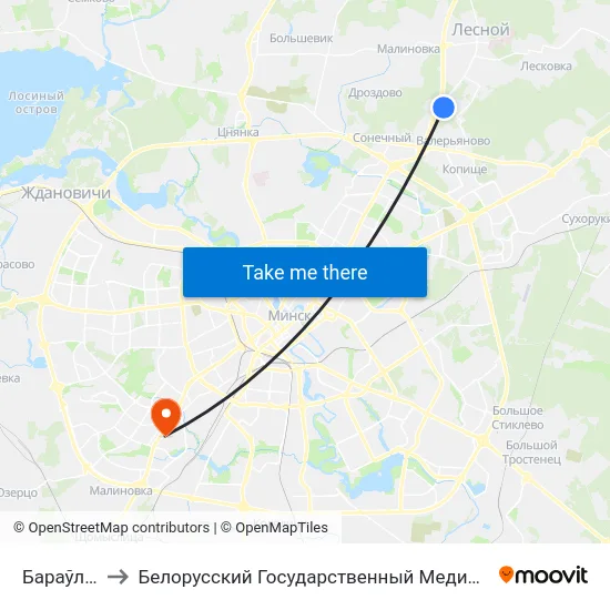Бараўляны-2 to Белорусский Государственный Медицинский Университет map