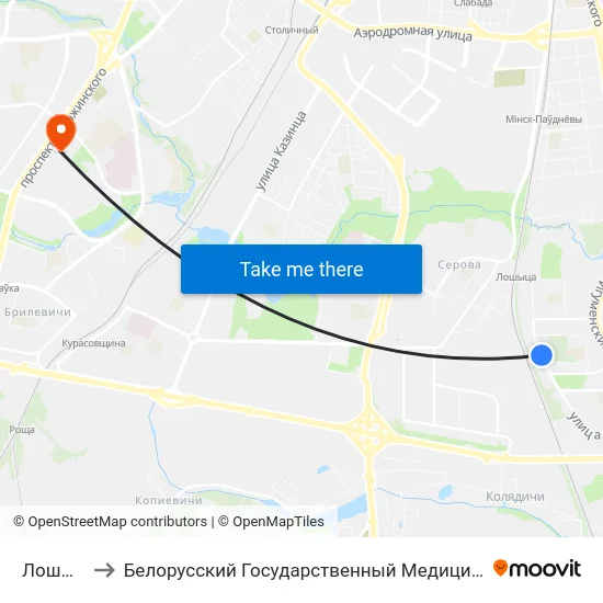 Лошыца-3 to Белорусский Государственный Медицинский Университет map