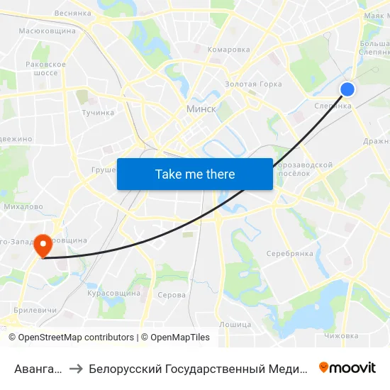 Авангардная to Белорусский Государственный Медицинский Университет map