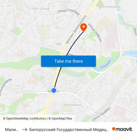 Малиновка to Белорусский Государственный Медицинский Университет map
