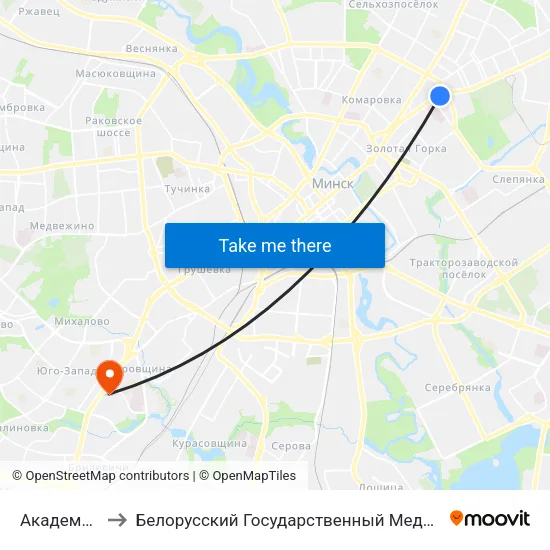 Академия Наук to Белорусский Государственный Медицинский Университет map