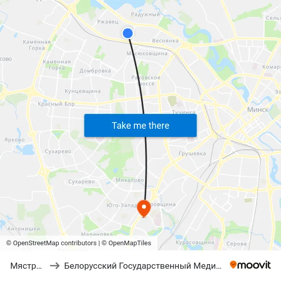 Мястраўская to Белорусский Государственный Медицинский Университет map