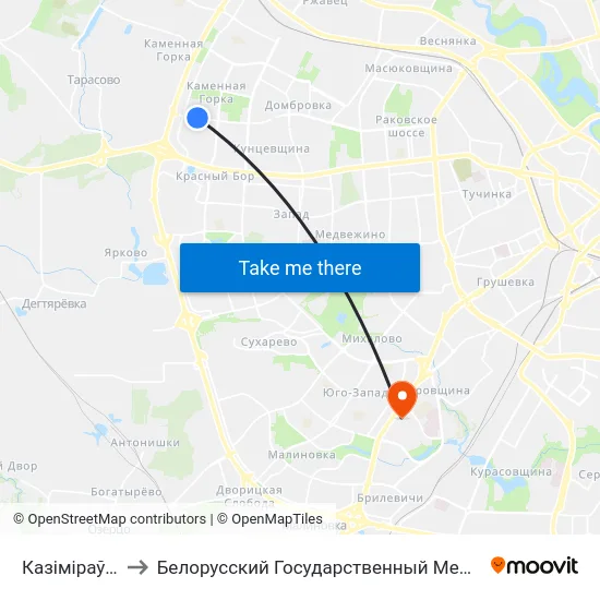 Казіміраўская, 21 to Белорусский Государственный Медицинский Университет map