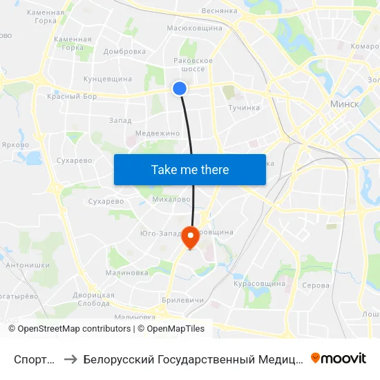 Спортивная to Белорусский Государственный Медицинский Университет map