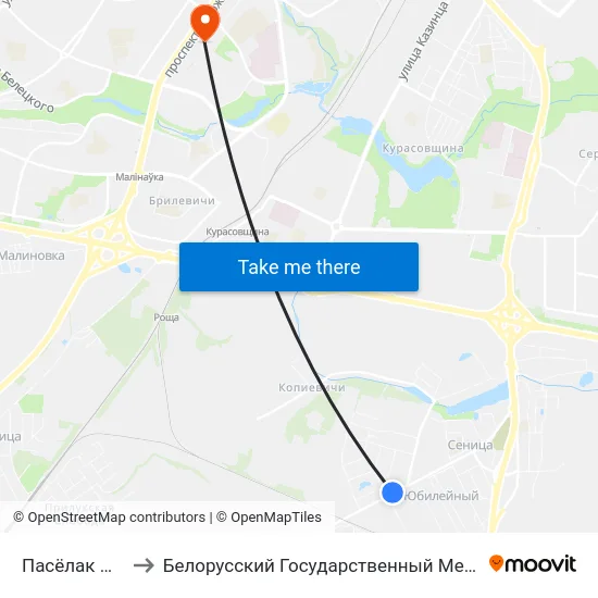 Пасёлак Юбілейны to Белорусский Государственный Медицинский Университет map