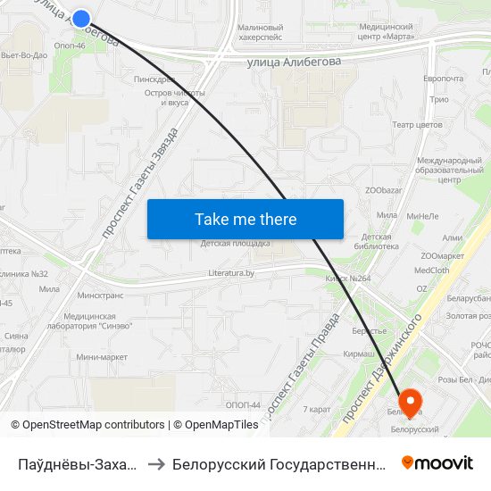 Паўднёвы-Захад-4 (Юго-Запад-4) to Белорусский Государственный Медицинский Университет map