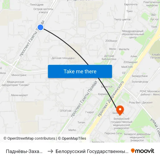 Паднёвы-Захад-1 (Юго-Запад-1) to Белорусский Государственный Медицинский Университет map