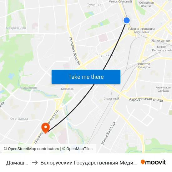 Дамашэўская to Белорусский Государственный Медицинский Университет map