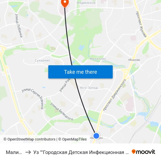 Малиновка to Уз ""Городская Детская Инфекционная Клиническая Больница"" map