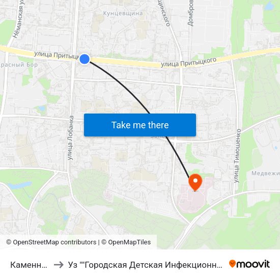 Каменная Горка to Уз ""Городская Детская Инфекционная Клиническая Больница"" map