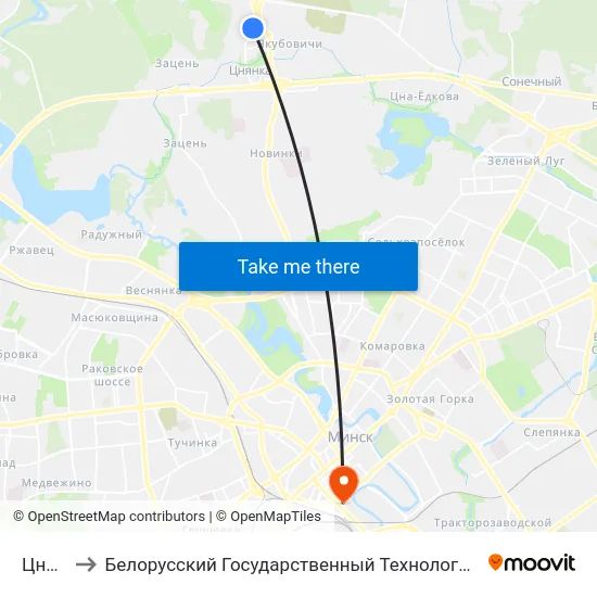 Цнянка to Белорусский Государственный Технологический Университет map