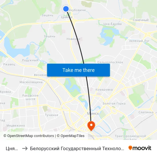 Цнянка-2 to Белорусский Государственный Технологический Университет map