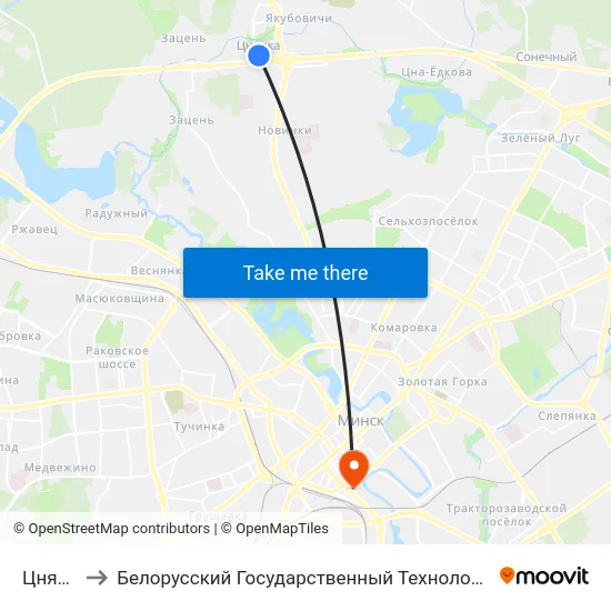 Цнянка-1 to Белорусский Государственный Технологический Университет map