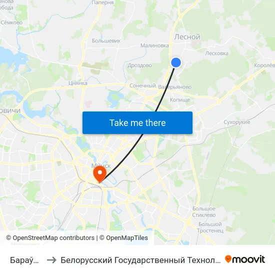 Бараўляны-6 to Белорусский Государственный Технологический Университет map