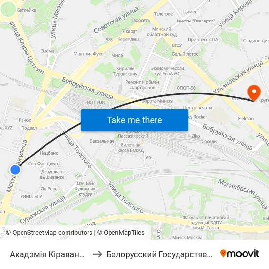 Акадэмія Кіравання (Академия Управления) to Белорусский Государственный Технологический Университет map