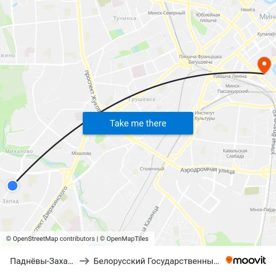 Паднёвы-Захад-1 (Юго-Запад-1) to Белорусский Государственный Технологический Университет map
