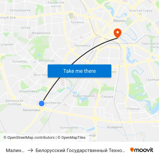 Малиновка-9 to Белорусский Государственный Технологический Университет map