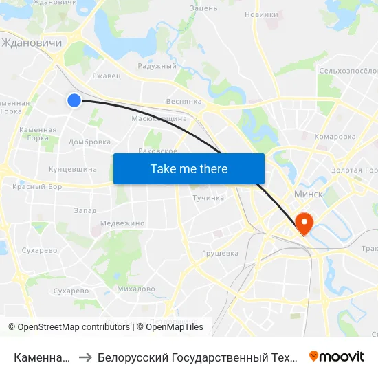 Каменная Горка-3 to Белорусский Государственный Технологический Университет map
