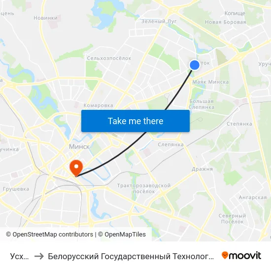 Усход-2 to Белорусский Государственный Технологический Университет map