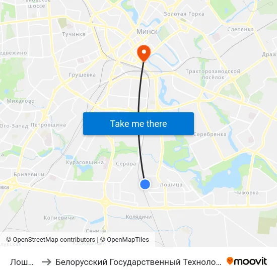 Лошыца-3 to Белорусский Государственный Технологический Университет map