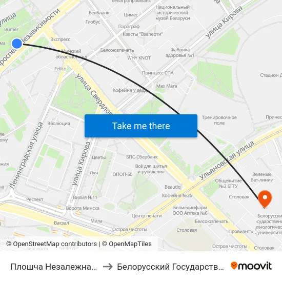 Плошча Незалежнасці (Площадь Независимости) to Белорусский Государственный Технологический Университет map