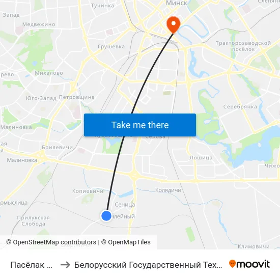 Пасёлак Юбілейны to Белорусский Государственный Технологический Университет map
