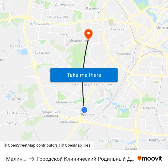 Малиновка to Городской Клинический Родильный Дом №2 Г. Минска map