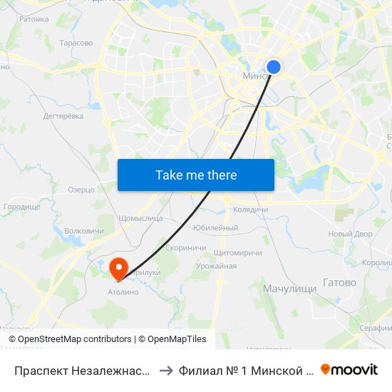 Праспект Незалежнасці (Проспект Независимости) to Филиал № 1 Минской Црб ""Атолинская Больница"" map
