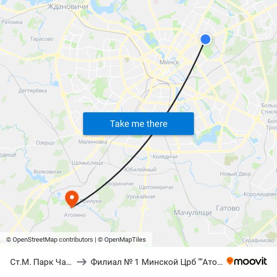 Ст.М. Парк Чалюскінцаў to Филиал № 1 Минской Црб ""Атолинская Больница"" map