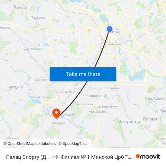 Палац Спорту (Дворец Спорта) to Филиал № 1 Минской Црб ""Атолинская Больница"" map