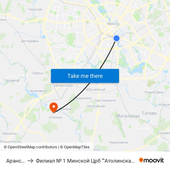 Аранская to Филиал № 1 Минской Црб ""Атолинская Больница"" map