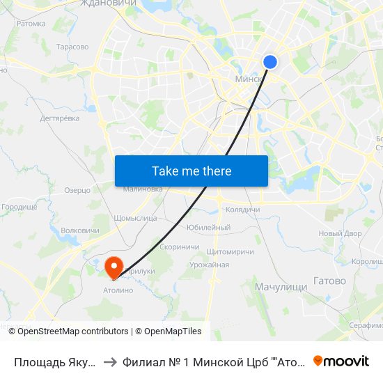 Площадь Якуба Коласа to Филиал № 1 Минской Црб ""Атолинская Больница"" map