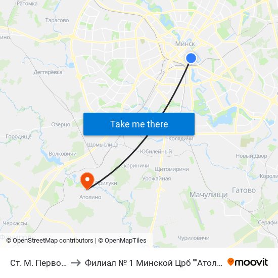Ст. М. Первомайская to Филиал № 1 Минской Црб ""Атолинская Больница"" map