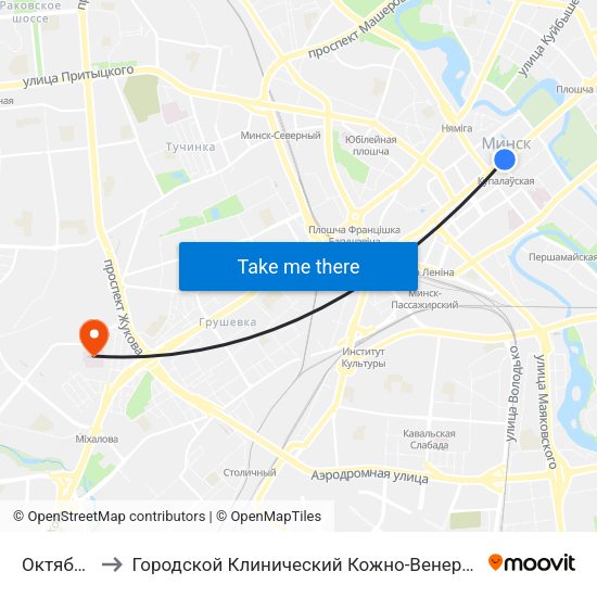 Октябрьская to Городской Клинический Кожно-Венерологический Диспансер map