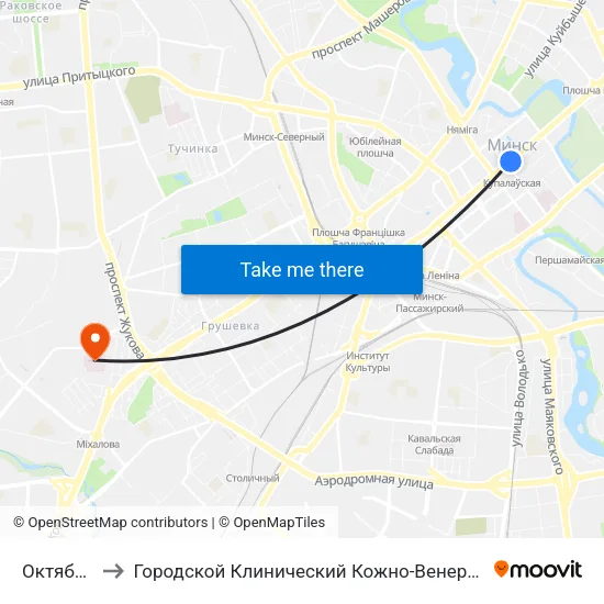 Октябрьская to Городской Клинический Кожно-Венерологический Диспансер map
