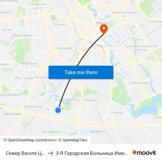 Сквер Васіля Цвяткова to 3-Я Городская Больница Имени Ев Клумова map