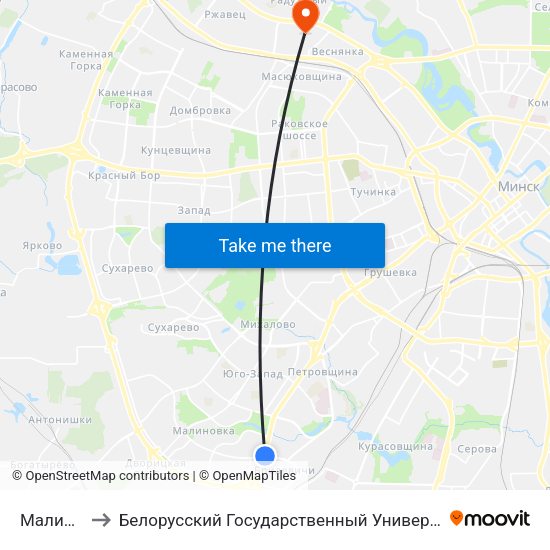 Малиновка to Белорусский Государственный Университет Физкультуры map