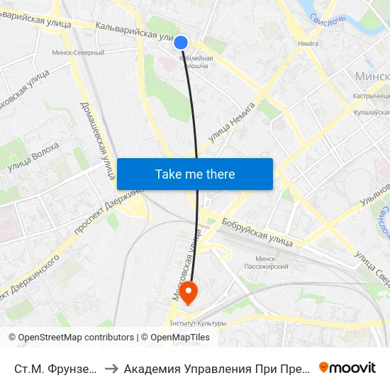 Ст.М. Фрунзенская to Академия Управления При Президенте Рб map