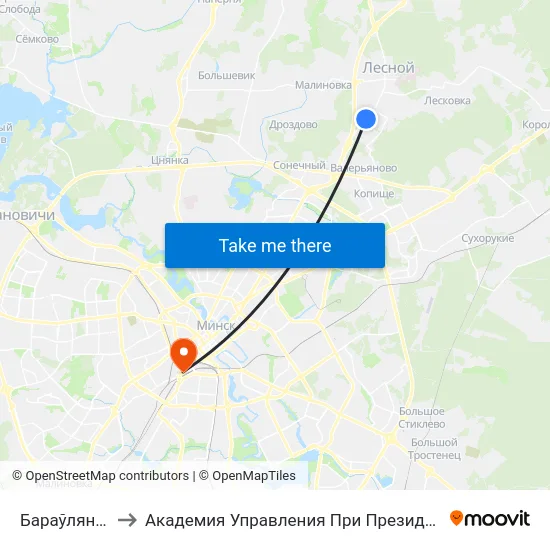 Бараўляны-6 to Академия Управления При Президенте Рб map