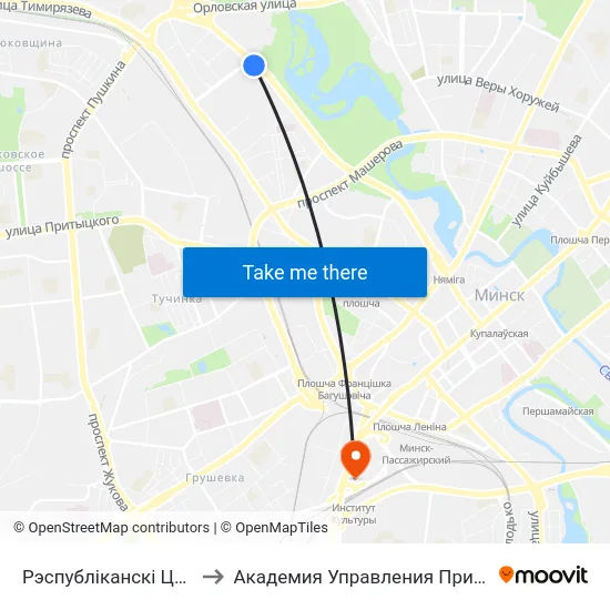 Рэспубліканскі Цэнтр Тэніса to Академия Управления При Президенте Рб map
