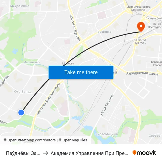 Паўднёвы Захад-2 to Академия Управления При Президенте Рб map