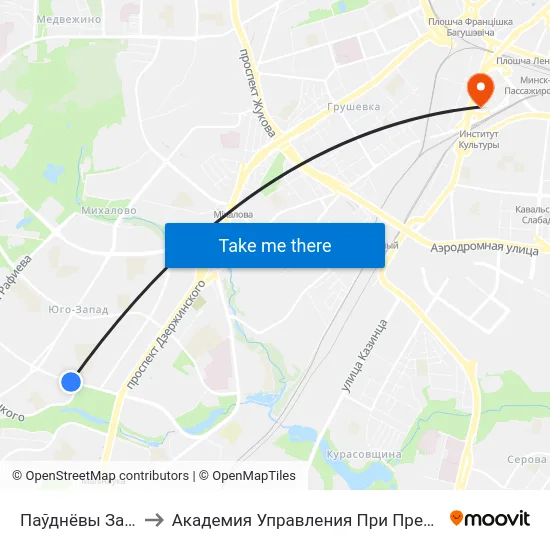 Паўднёвы Захад-2 to Академия Управления При Президенте Рб map