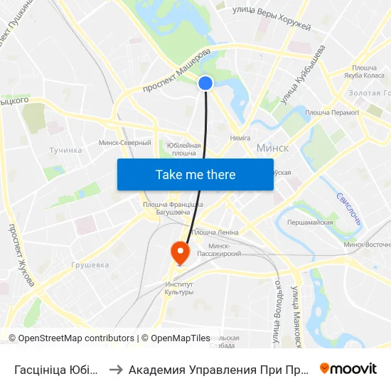 Гасцініца Юбілейная to Академия Управления При Президенте Рб map
