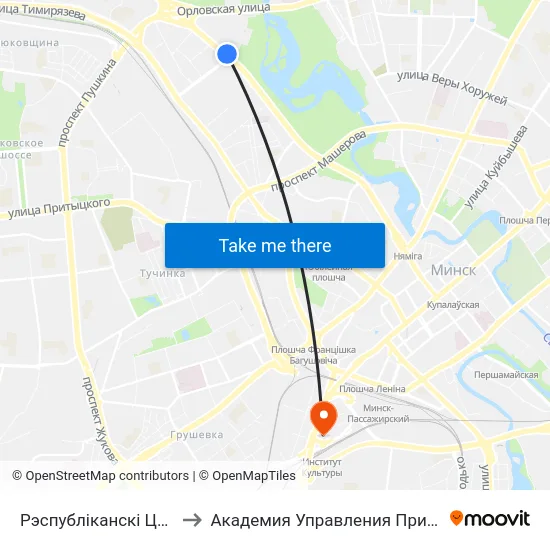 Рэспубліканскі Цэнтр Тэніса to Академия Управления При Президенте Рб map