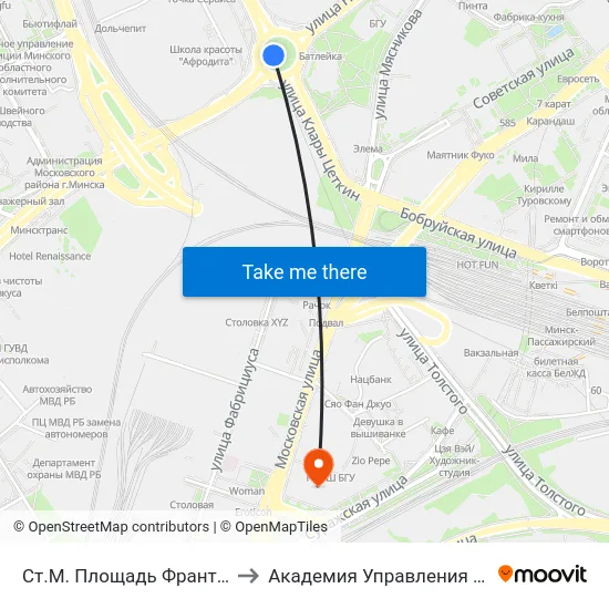 Ст.М. Площадь Франтишка Богушевича to Академия Управления При Президенте Рб map