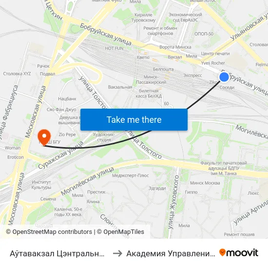 Аўтавакзал Цэнтральны (Высадка Пасажыраў) to Академия Управления При Президенте Рб map