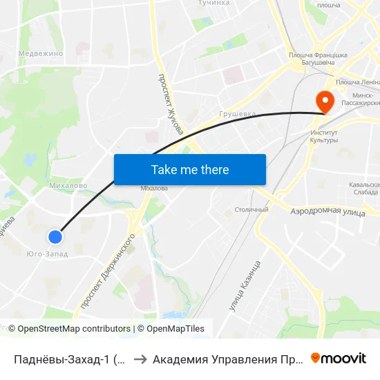 Паднёвы-Захад-1 (Юго-Запад-1) to Академия Управления При Президенте Рб map